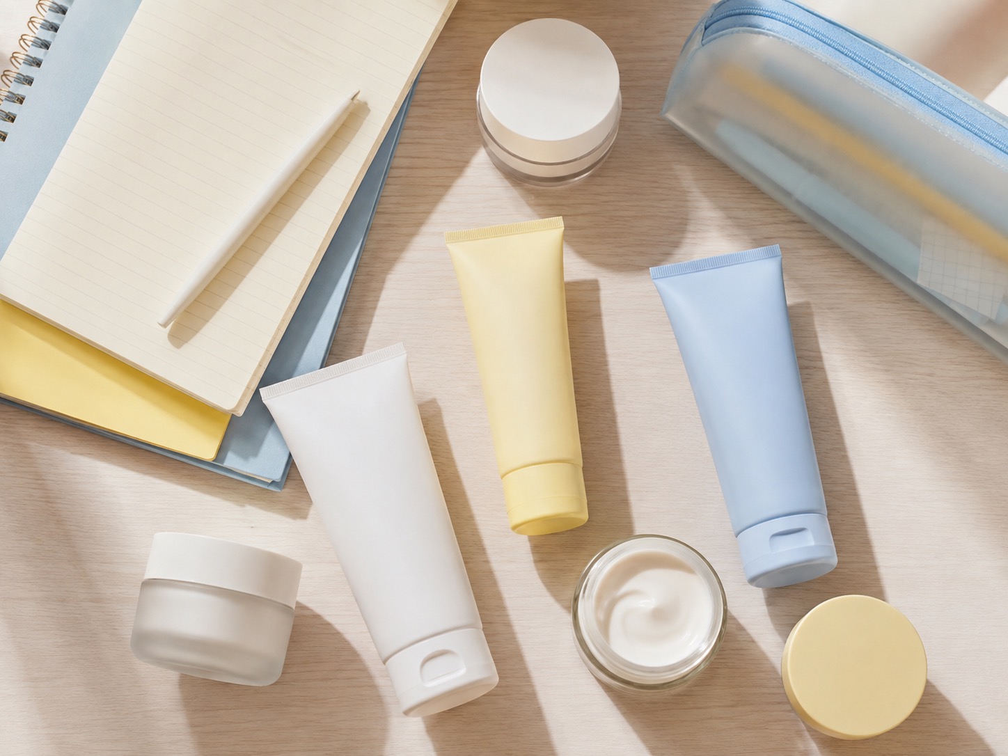 An editorial arrangement of moisturizer products with school-day essentials